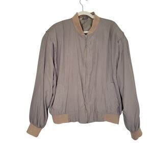 Vintage Genelli Bomber Jacket XL Pure Silk Tan Full Zip Ribbed Cuffs Lined Retro
